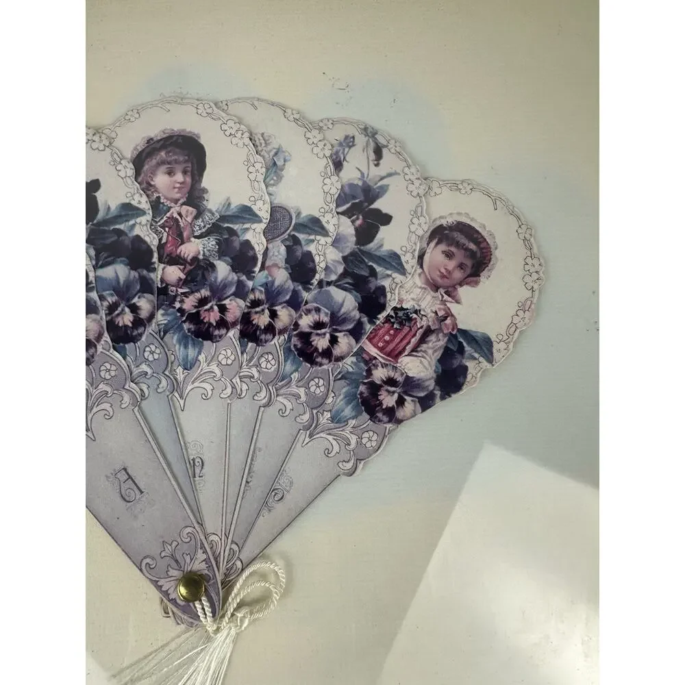 Gold Framed Victorian Girls Paper Fan Greeting Card by Old Print Factory Reprod.